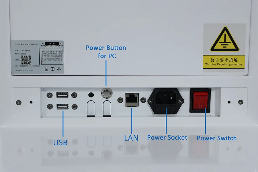 A white enclosure rear panel with labelled USB ports, a LAN socket, a power socket, and a power switch