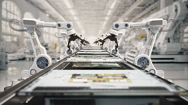 High-tech robotics work efficiently on an assembly line, handling electronic components in a modern manufacturing facility. This advanced setup showcases automation in production processes. 3D illustration.