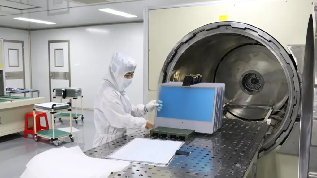 A Cleanroom Worker Loading Display Screens Into An Industrial Chamber