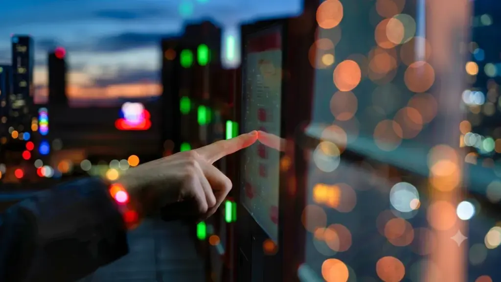 A Detailed View Of A Finger Touching An Interactive Kiosk Screen At Dusk