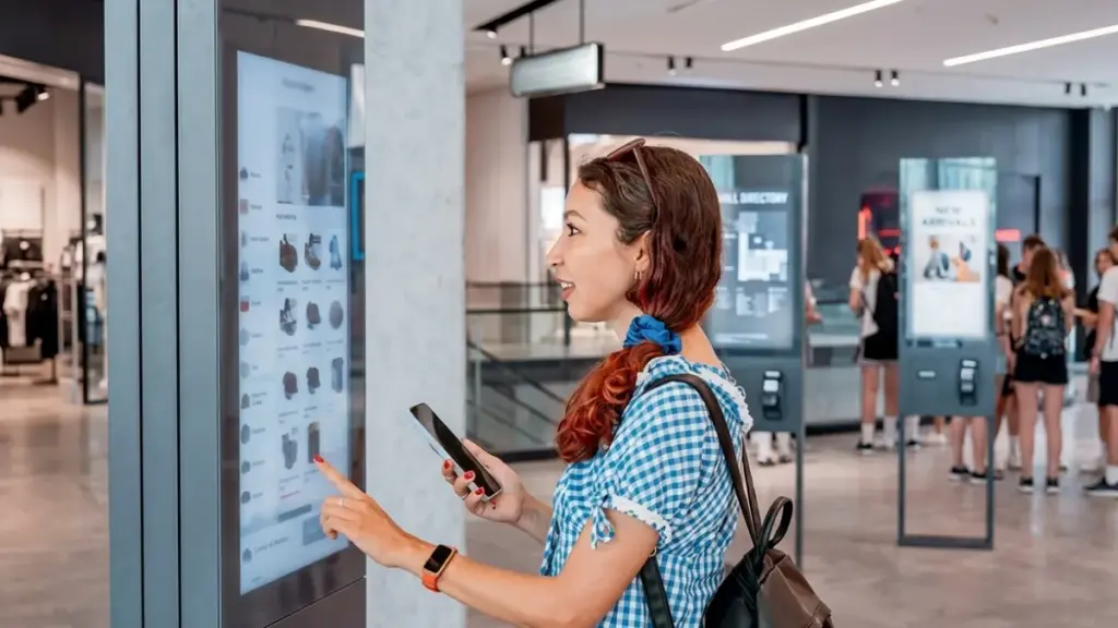 A Woman Interacting With A Digital Touch Kiosk In Public