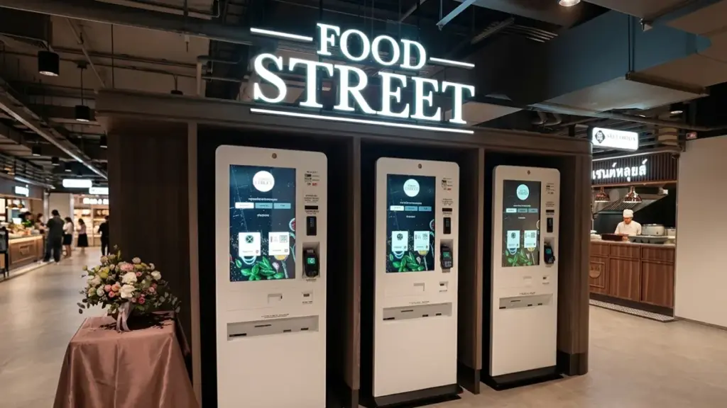 Modern Self Service Ordering Kiosks In A Food Court Interior