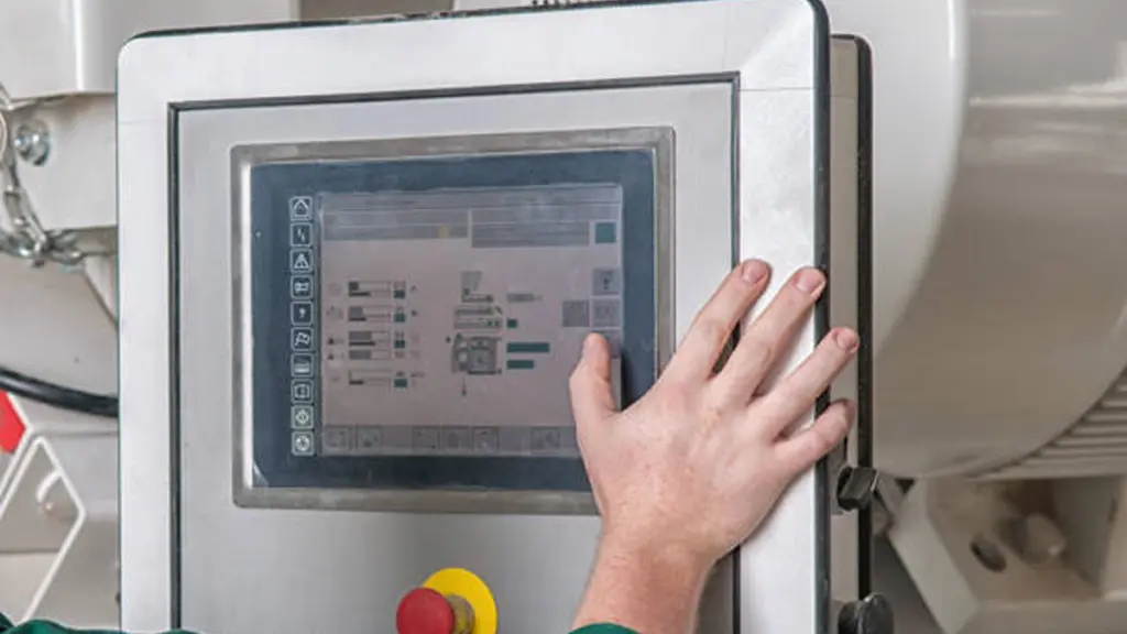 Pressing Important Technology Button At Industrial Control Panel In Plant
