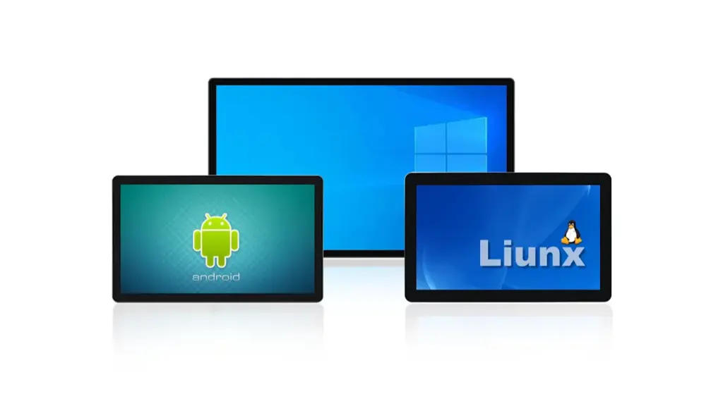 Three Monitors Displaying Windows, Android, And Linux Operating Systems