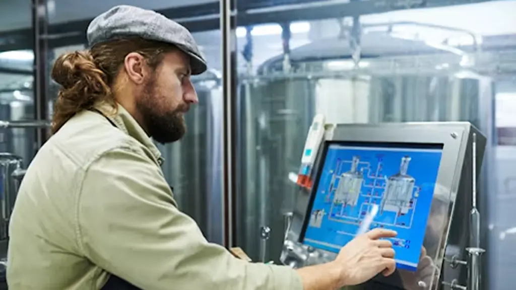 A Man In Factory Checking Industrial Touch Monitor