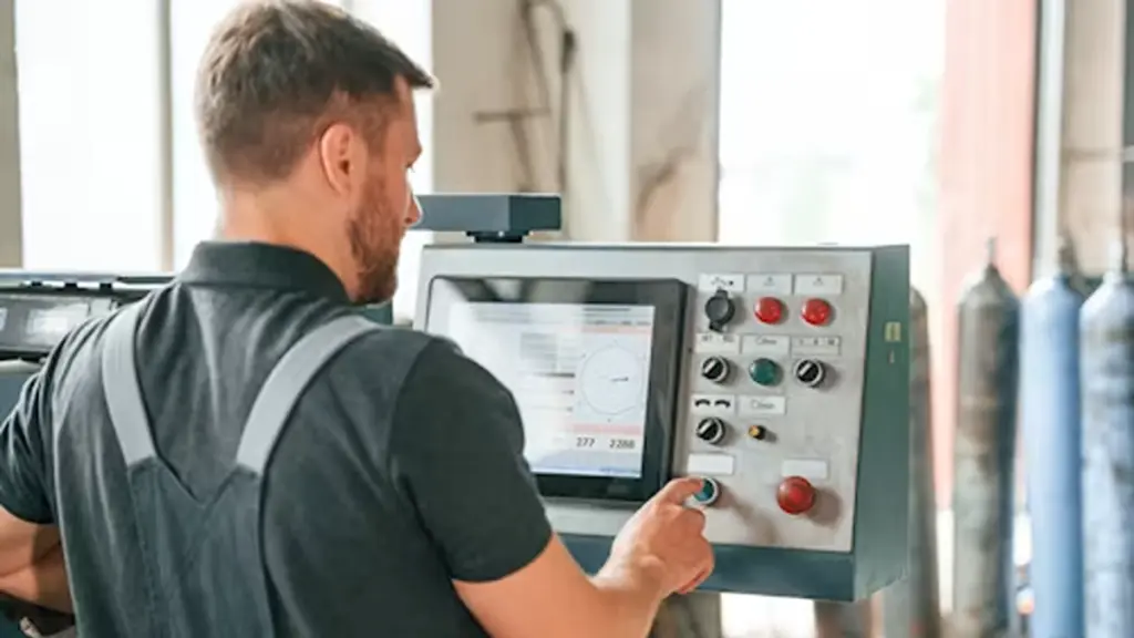 A Man Is Operating An Industrial Touch Monitors In Factory Equipment