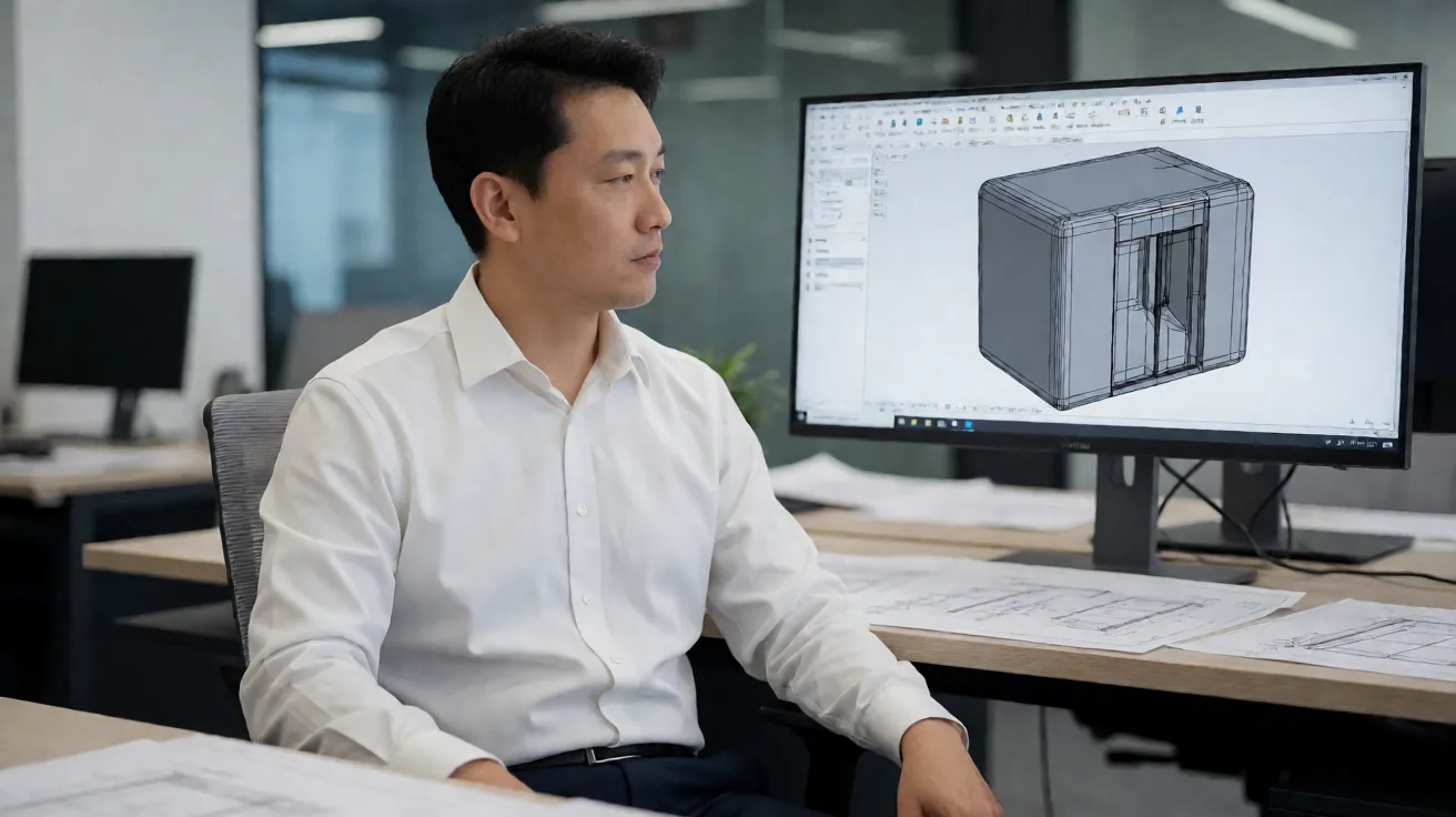 Engineer reviewing a CAD model of an enclosure on a large monitor