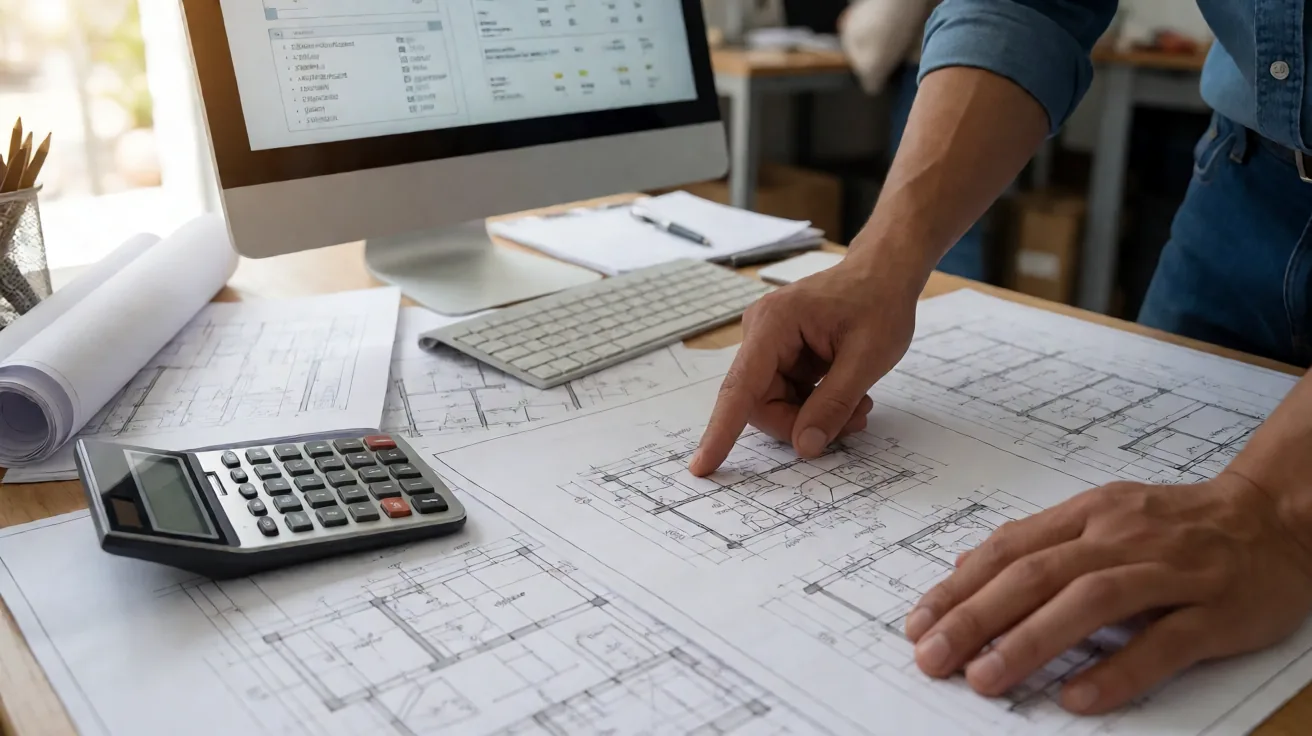 Hand pointing at a dimensioned drawing beside a calculator and a parts list on screen