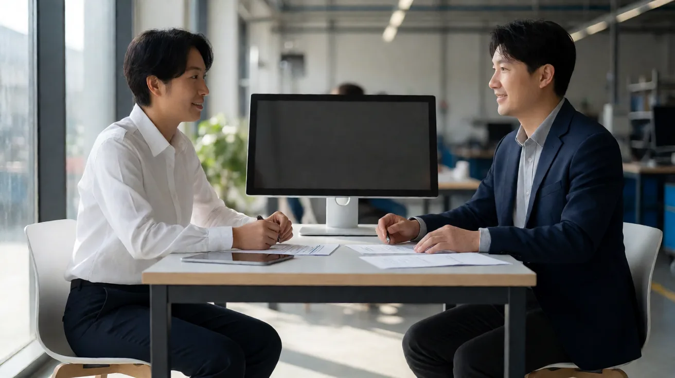 Two people reviewing printed documents across a table with a dark screen between them