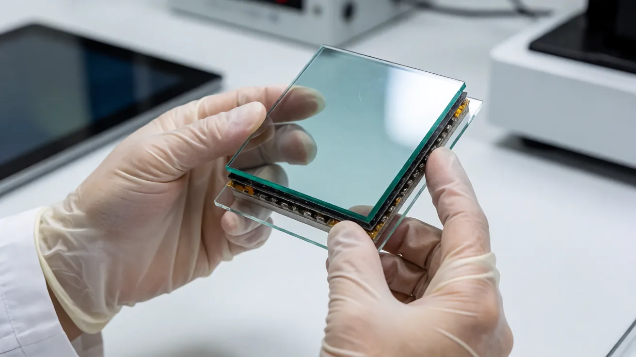 Gloved hands holding a laminated touch panel cross-section sample