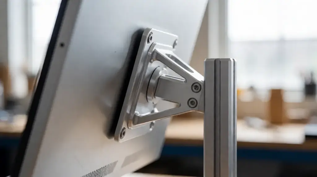 Close-up of a machined aluminum mounting bracket bolted to the back of a touch display