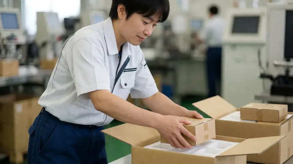 A worker placing a boxed component into a foam-lined export carton on a factory packing bench