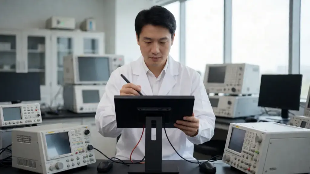 An engineer in a lab coat inspecting the back of a touch monitor between bench test instruments