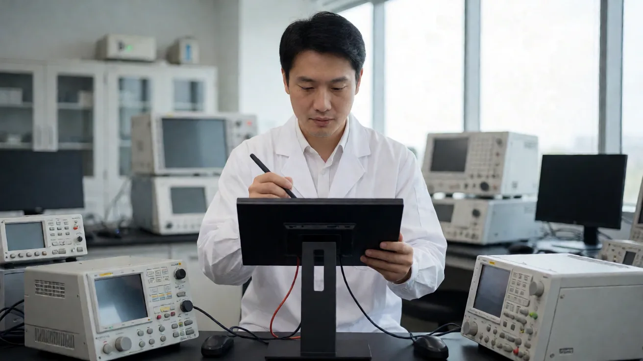 An engineer in a lab coat inspecting the back of a touch monitor between bench test instruments