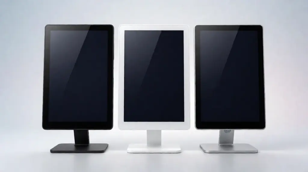 Three portrait touch displays on stands shown in black, white, and silver housings
