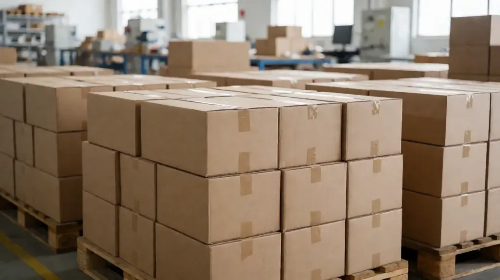 Stacks of plain taped brown cartons on wooden pallets in a factory with no printed branding