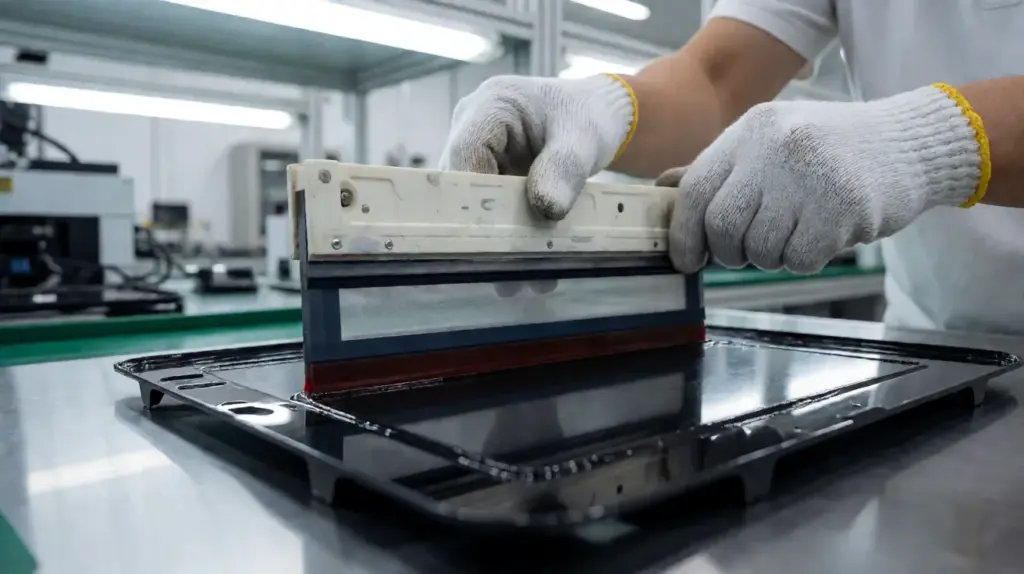 Gloved hands pressing a screen printing frame over a black monitor bezel on a steel bench