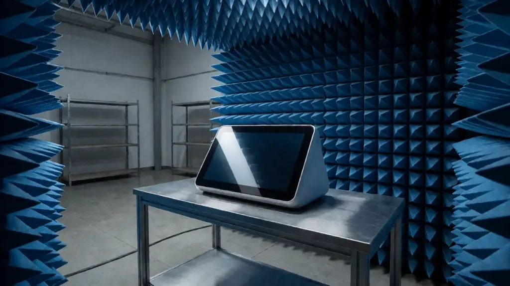 A white desktop touch terminal standing on a steel table inside a chamber lined with blue absorber cones