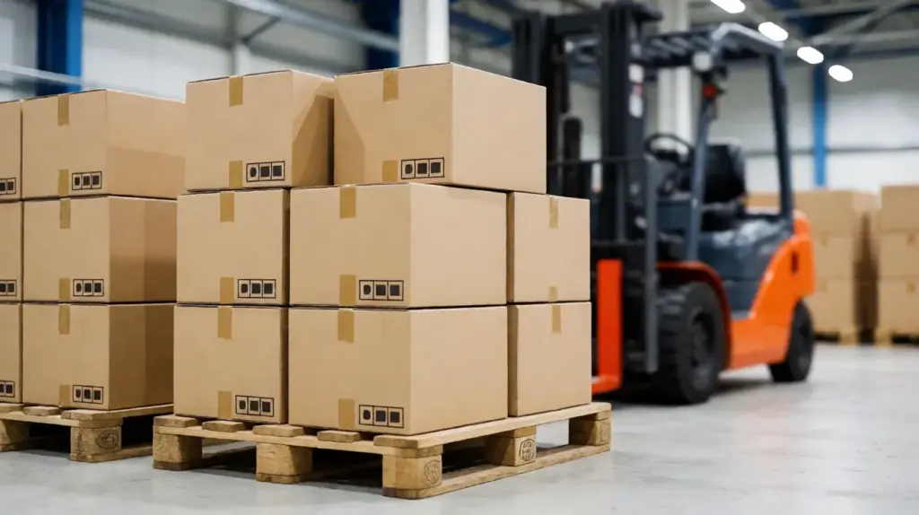 Brown export cartons stacked on wooden pallets beside an orange forklift in a warehouse