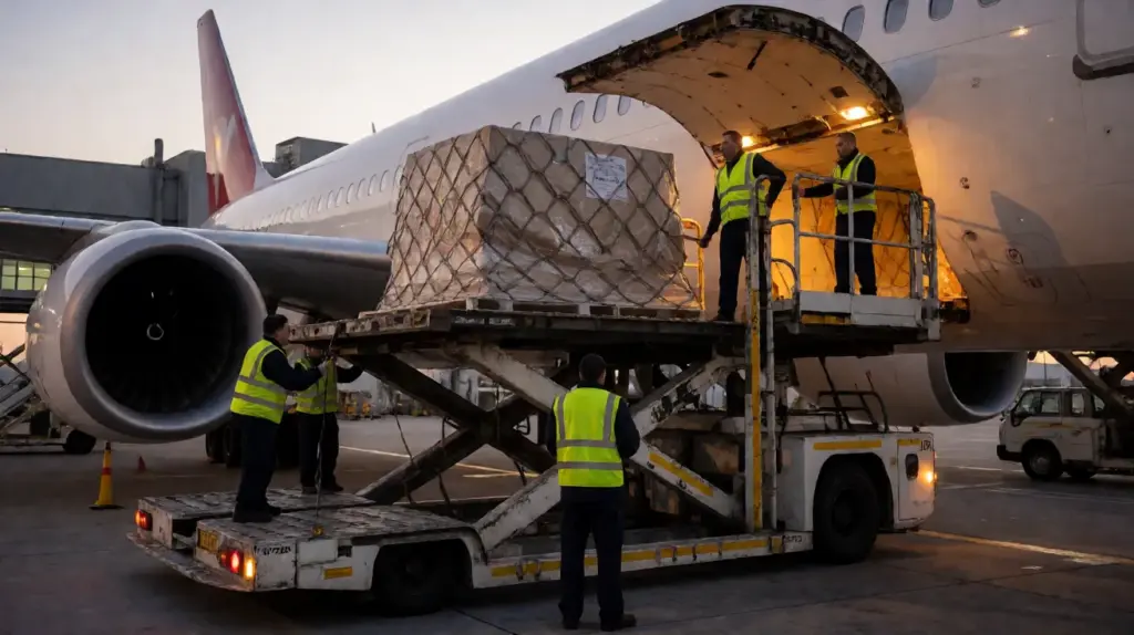Ground crew in high visibility vests push a netted cargo pallet toward the open hold of an aircraft