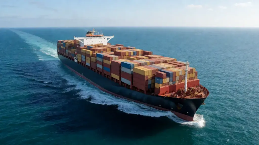 An aerial view of a container ship loaded to the waterline crossing open sea