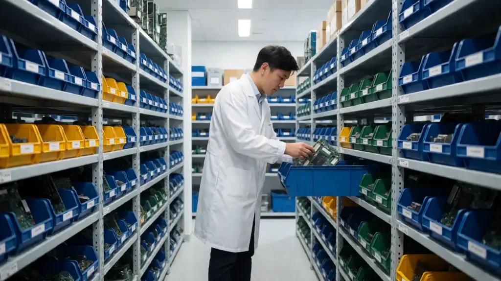 A worker in a lab coat pulls a blue bin of circuit boards from a shelf in a spare parts aisle