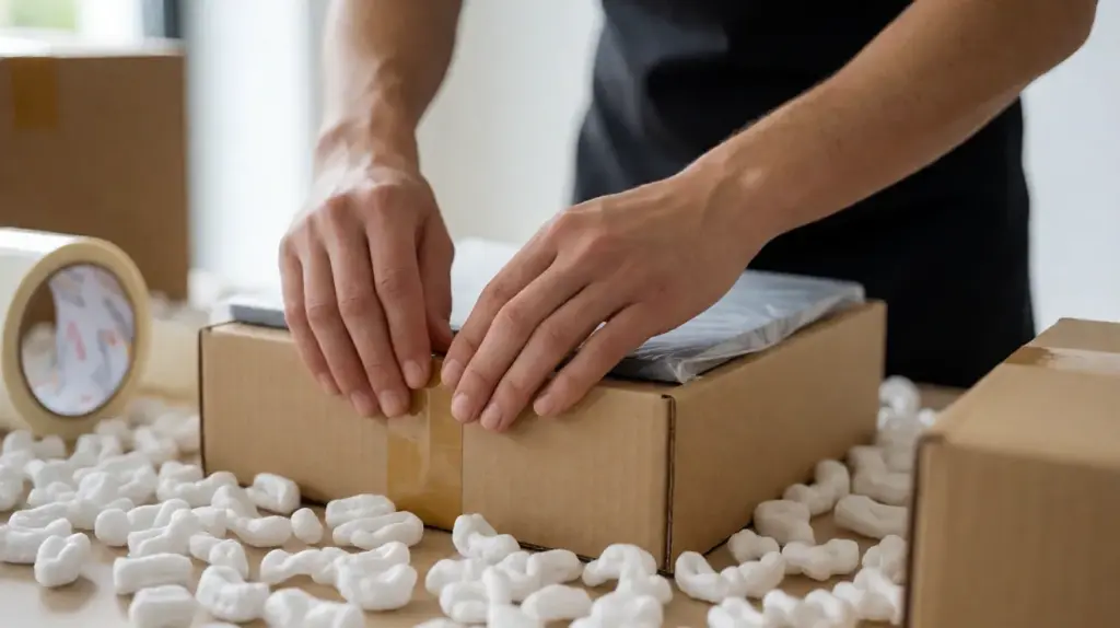 Two hands taping a small cardboard carton that holds a foam wrapped component, surrounded by packing peanuts