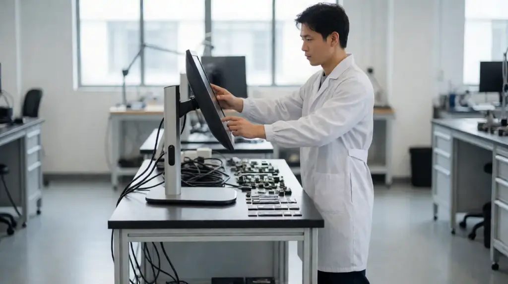 An engineer in a white lab coat adjusting a display on a stand above a workbench laid out with circuit boards