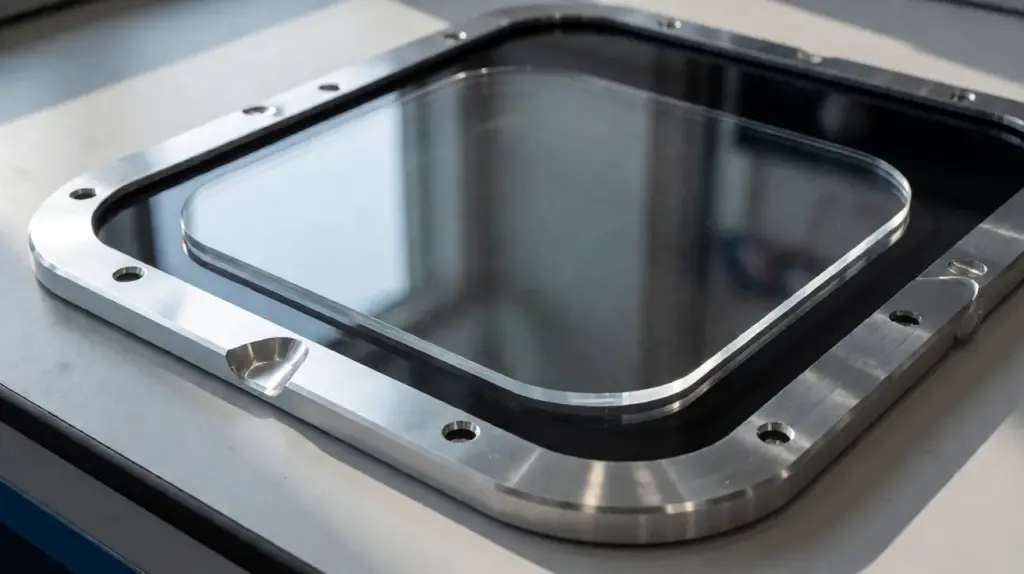 Close-up of a rounded rectangular cover glass set into a machined stainless frame with bolt holes and a black sealing gasket