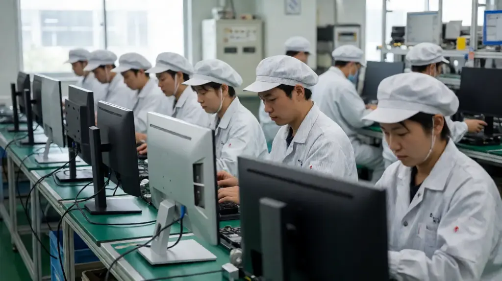 A row of workers in white caps and coats assembling and powering display units along a green production line