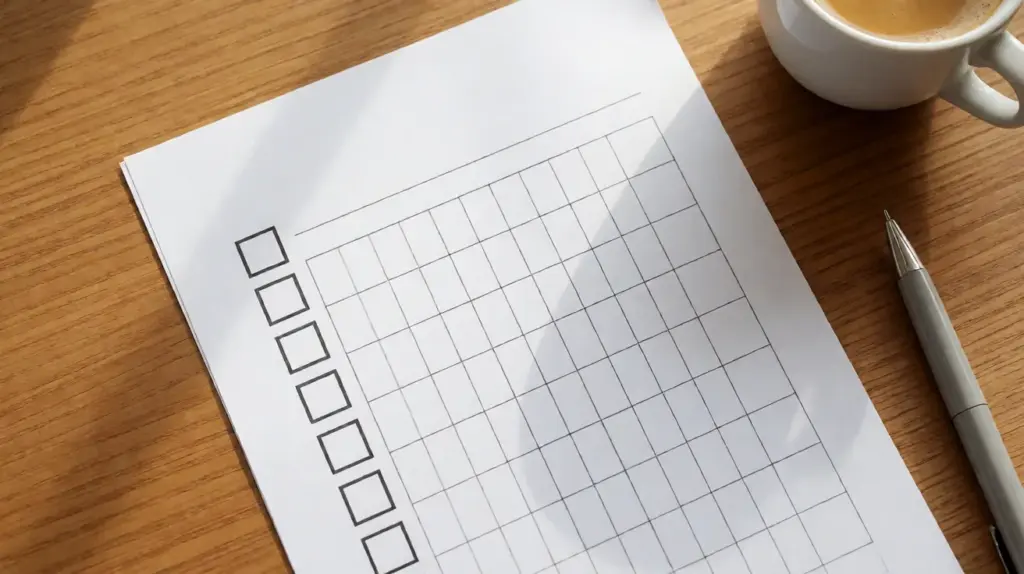 A printed sheet of empty grid rows and a column of unchecked boxes sits on a wooden desk beside a pen and a cup of coffee