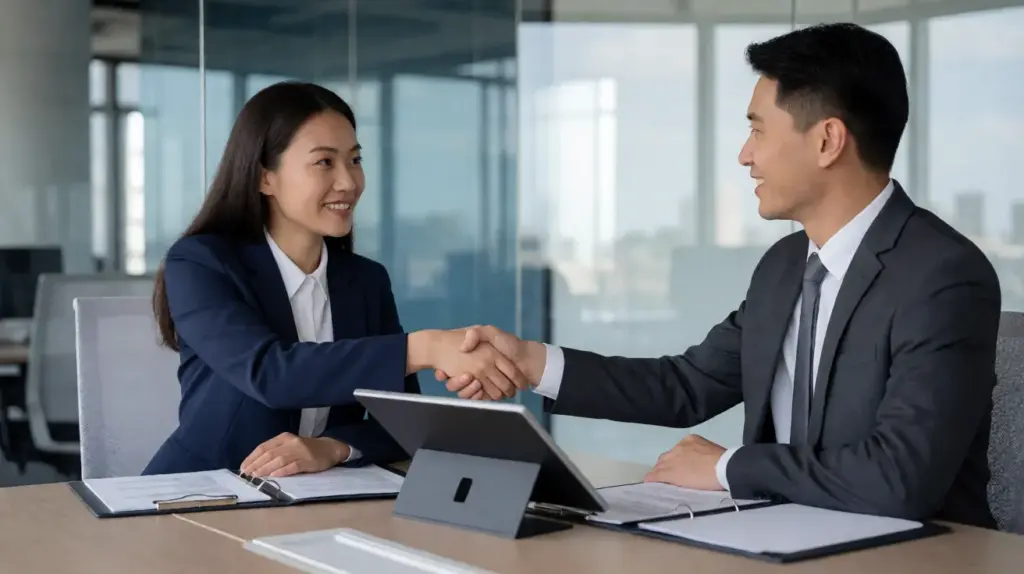 Two people in business suits shake hands across a meeting table set with clipboards, documents, and a tablet on a stand