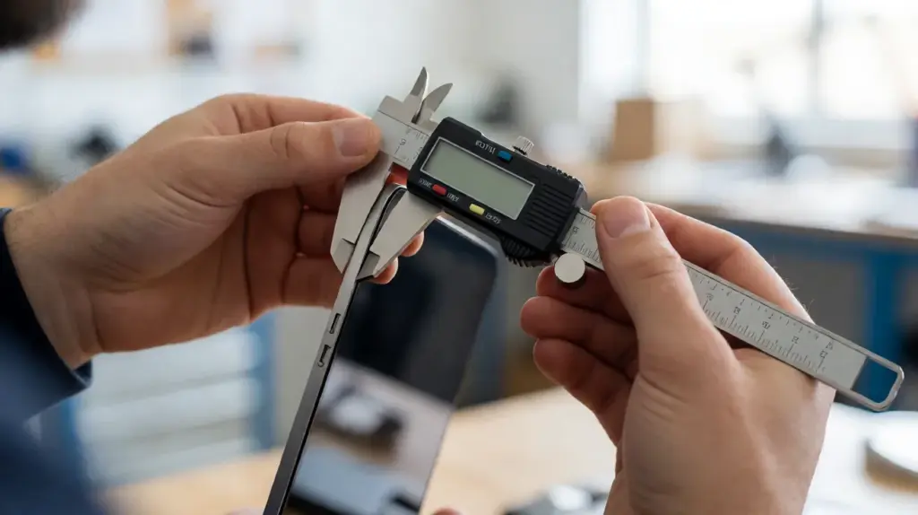 Two hands hold a digital caliper across the edge of a slim dark panel above a workbench