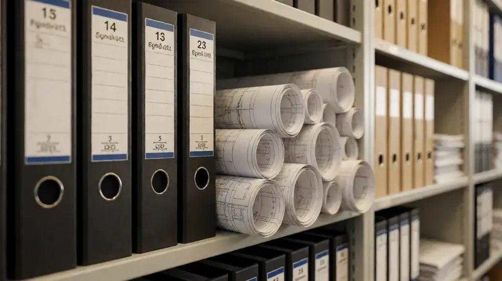 Numbered ring binders stand on a shelf beside rows of rolled drawings in an archive aisle