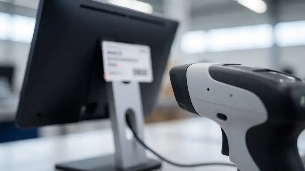 A handheld barcode scanner points at the identification label on the back of a display mounted on a stand