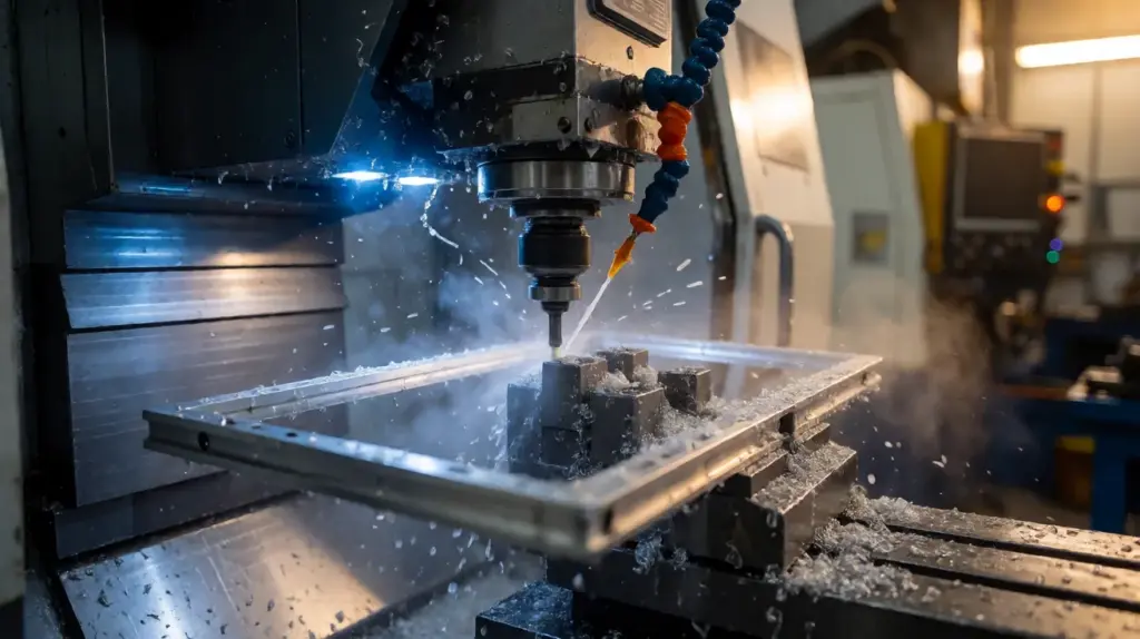 A CNC milling cutter sprays coolant while machining an aluminium frame held in a machine vise, with metal chips across the table