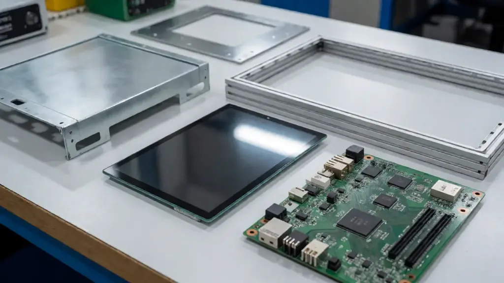 A workbench showing a galvanized steel chassis, aluminium bezel frames, a touch panel, and a populated mainboard laid out together