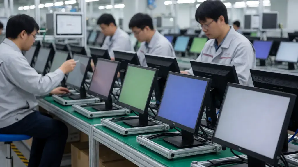 A row of technicians seated at a bench testing touch monitors that display solid green, blue, and white test patterns