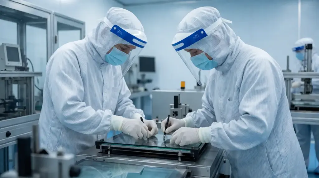 Two technicians in full cleanroom suits with face shields and gloves work on a glass panel assembly at a bonding table